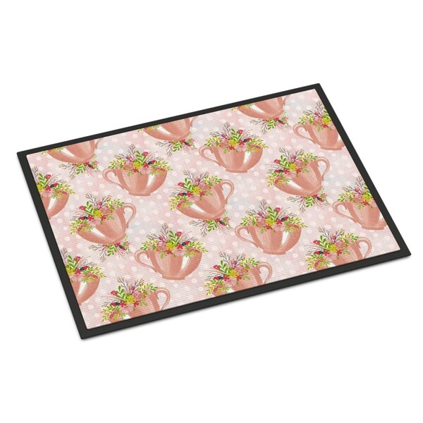 Carolines Treasures Tea Cup and Flowers Pink Indoor or Outdoor Mat, 18 x 27 in. BB7481MAT - main